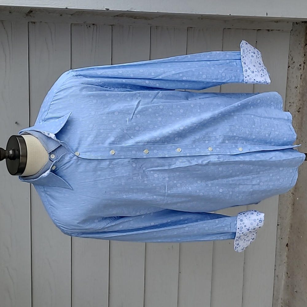 ROBERT GRAHAM Light Blue Striped Dotted Cotton 2XL Long Sleeve Button Up Shirt